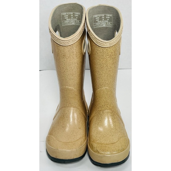 Bogs Rain Boots Kids Size 10 Mid Calf Beige Ylw Glitter Pull On Youth Waterproof - Picture 1 of 6